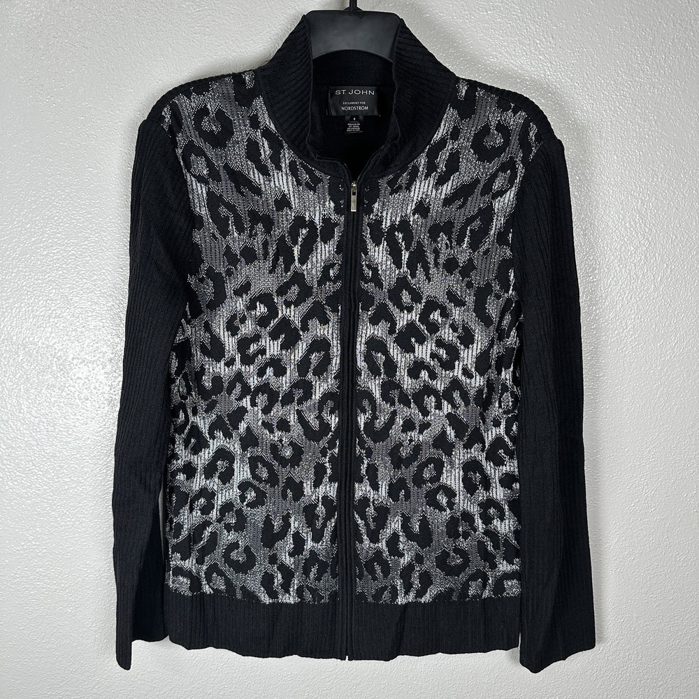 St John Nordstrom Santana Knit Full Zip Jacket Size 8 Black‎ Gray Cheetah Print